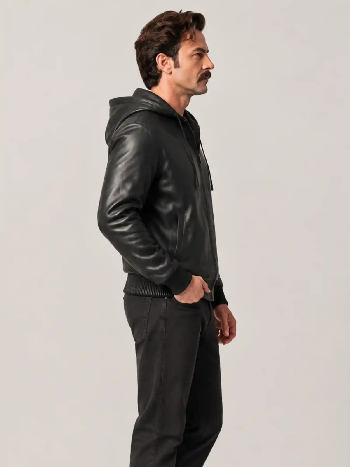 Men's Black Hoodie Leather Jacket