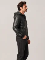 Men's Black Hoodie Leather Jacket