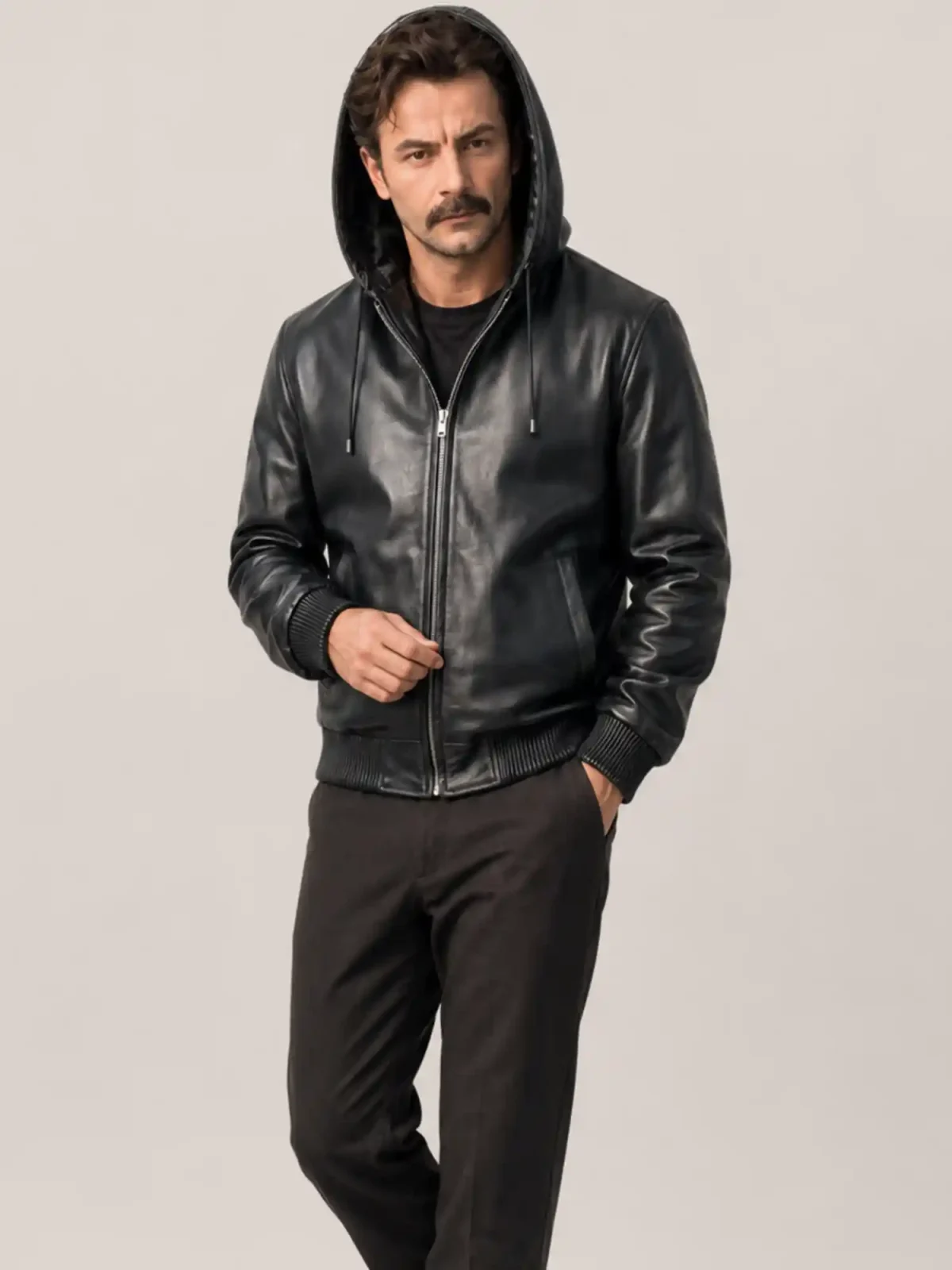 Men's Black Hoodie Leather Jacket