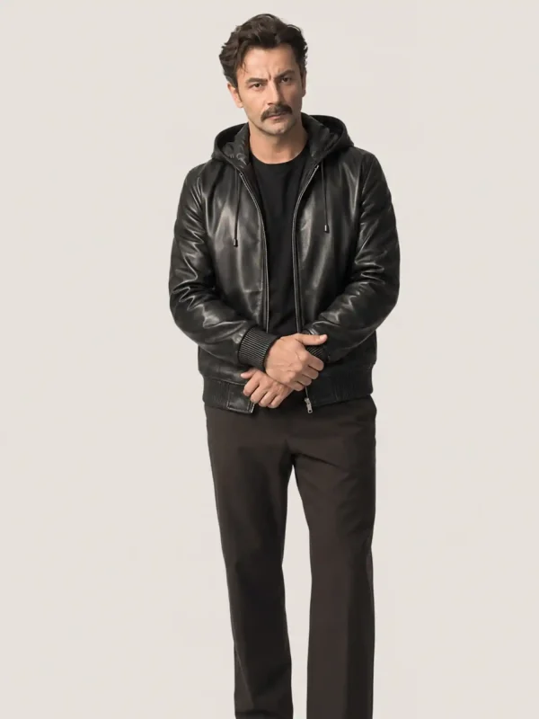 Men's Black Hoodie Leather Jacket