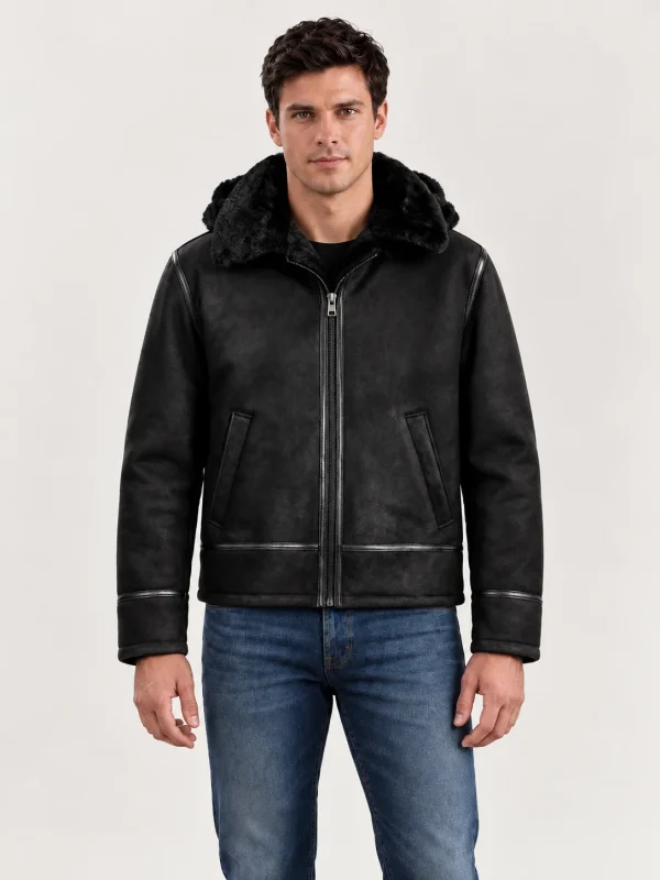 Men's Black Bronco Hood Leather Jacket