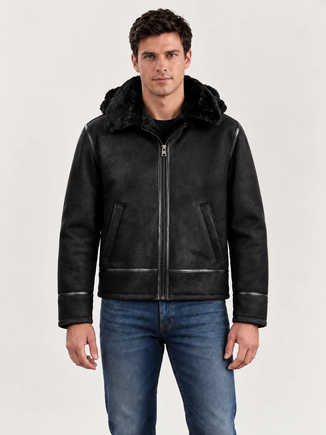 Men's Black Bronco Hood Leather Jacket