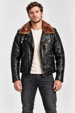 Men's Leather Jacket With Mouton Collar