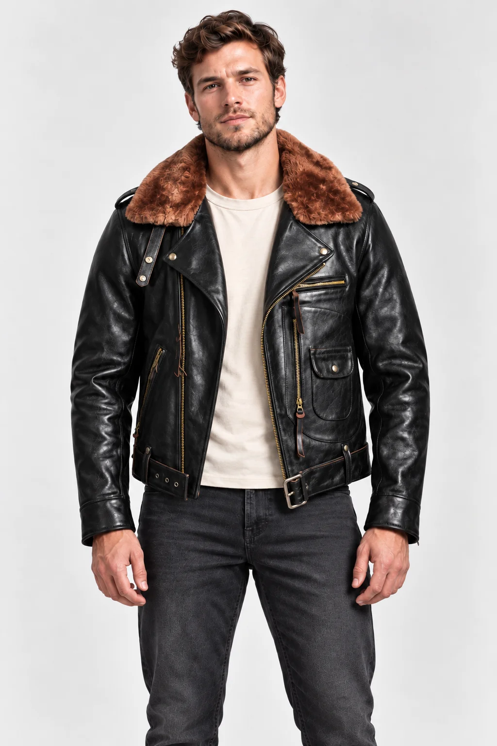 Men's Leather Jacket With Mouton Collar