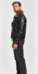 Men's Leather Jacket With Mouton Collar