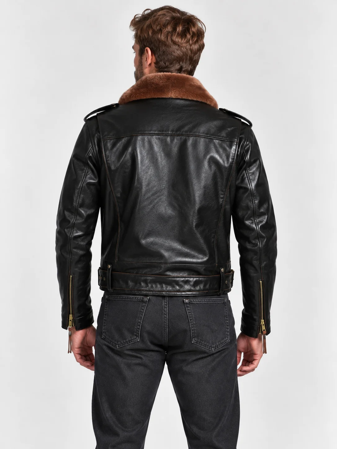 Men's Leather Jacket With Mouton Collar