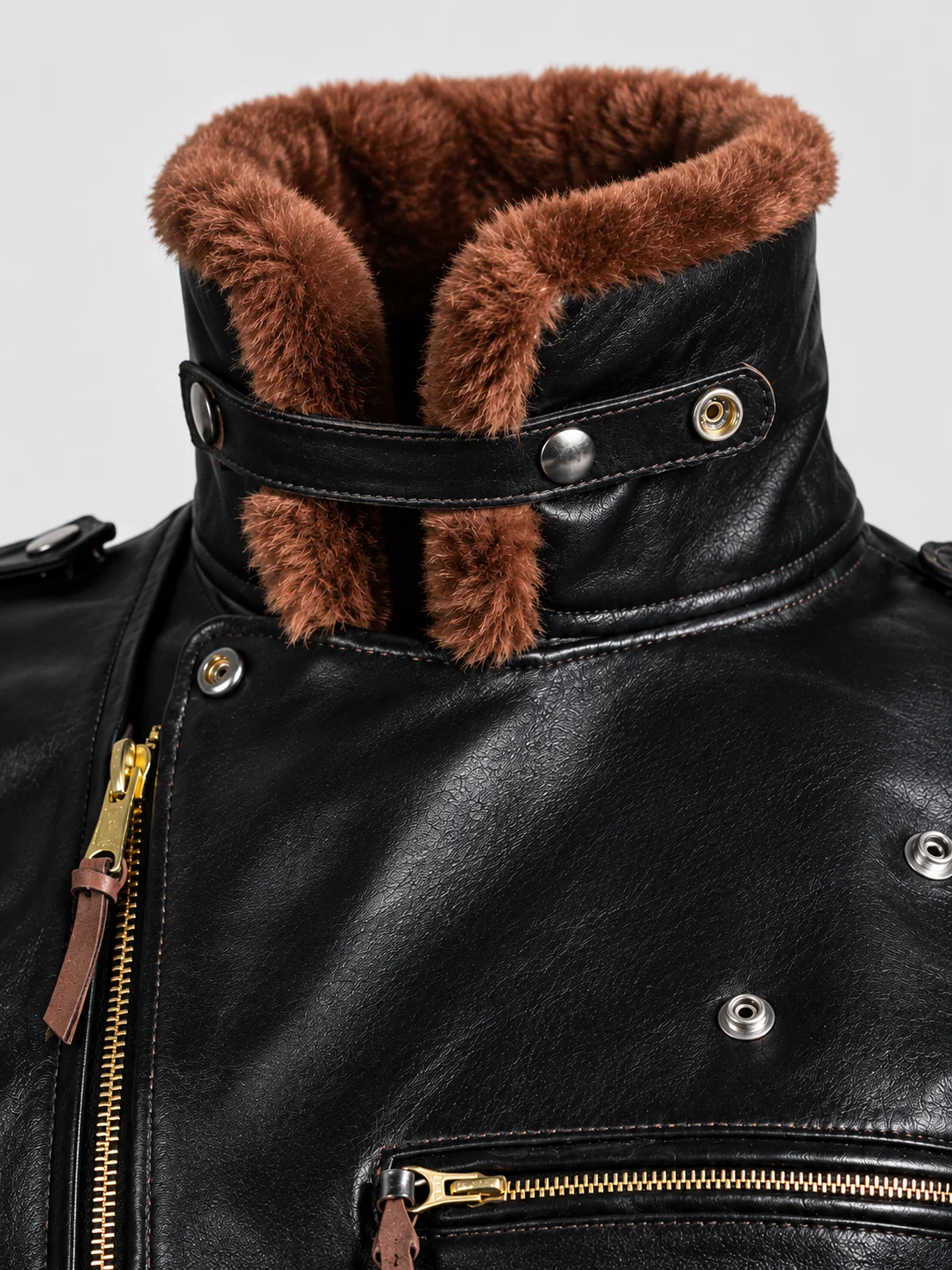 Men's Leather Jacket With Mouton Collar