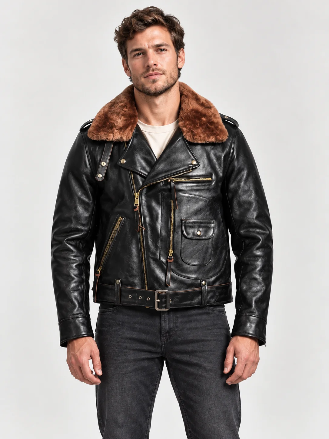 Men's Leather Jacket With Mouton Collar