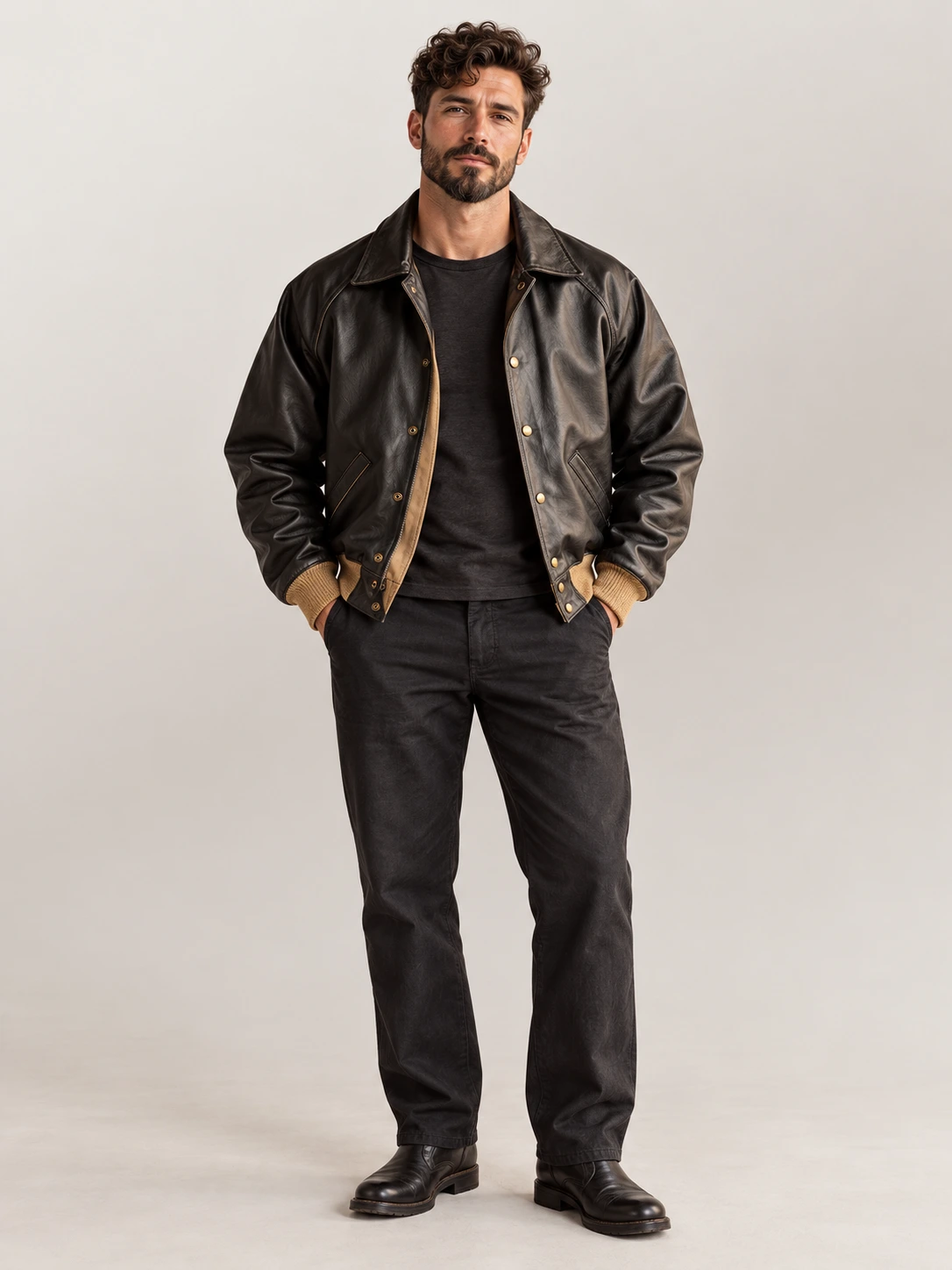 Men's Vintage Snap Raglan Cowhide Leather Jacket