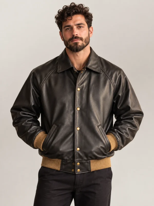 Men's Vintage Snap Raglan Cowhide Leather Jacket