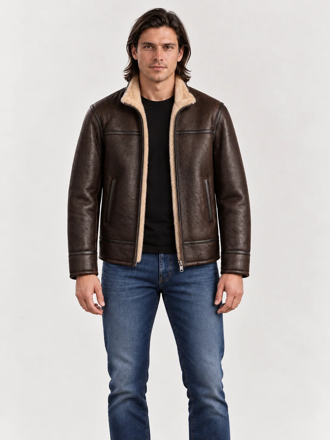 Men's Shearling Stand Up Collar Leather Jacket