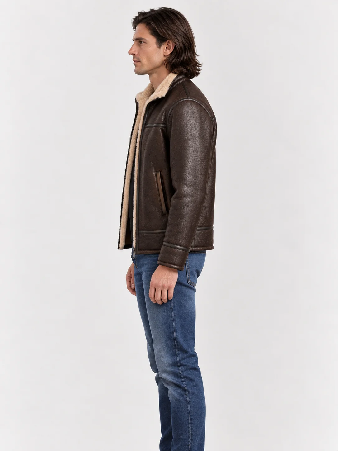 Men's Shearling Stand Up Collar Leather Jacket