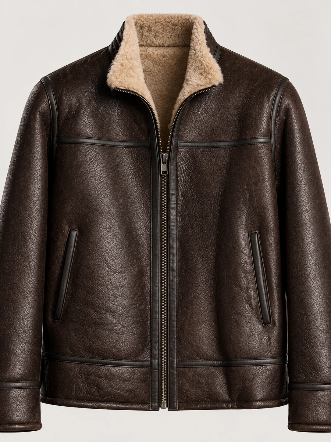 Men's Shearling Stand Up Collar Leather Jacket