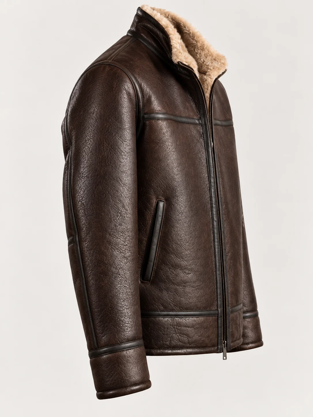 Men's Shearling Stand Up Collar Leather Jacket