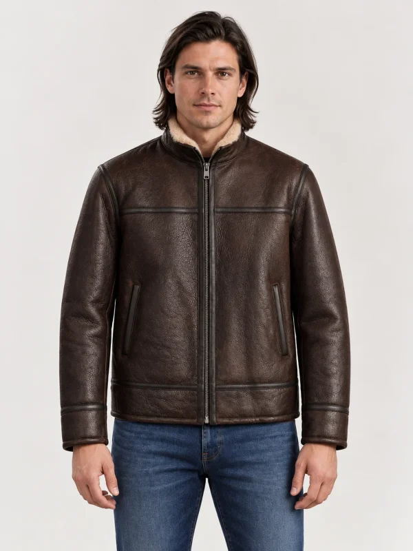 Men's Shearling Stand Up Collar Leather Jacket