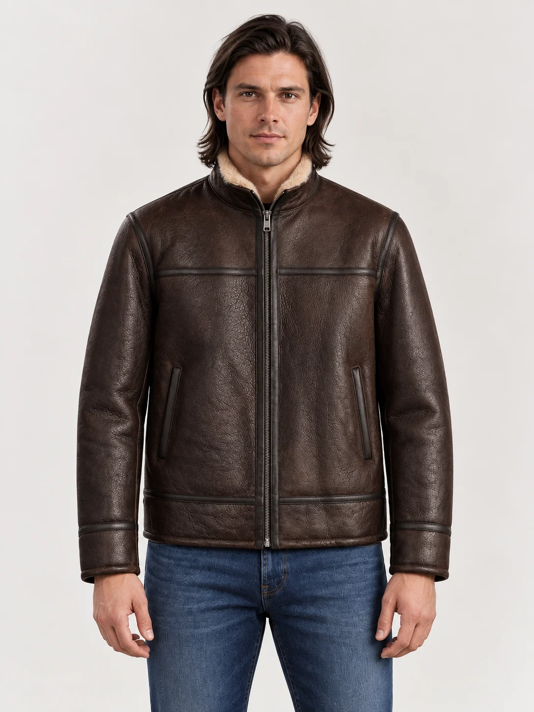 Men's Shearling Stand Up Collar Leather Jacket