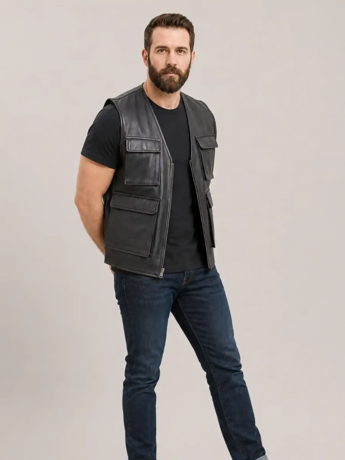 Men's Black Military Leather Vest