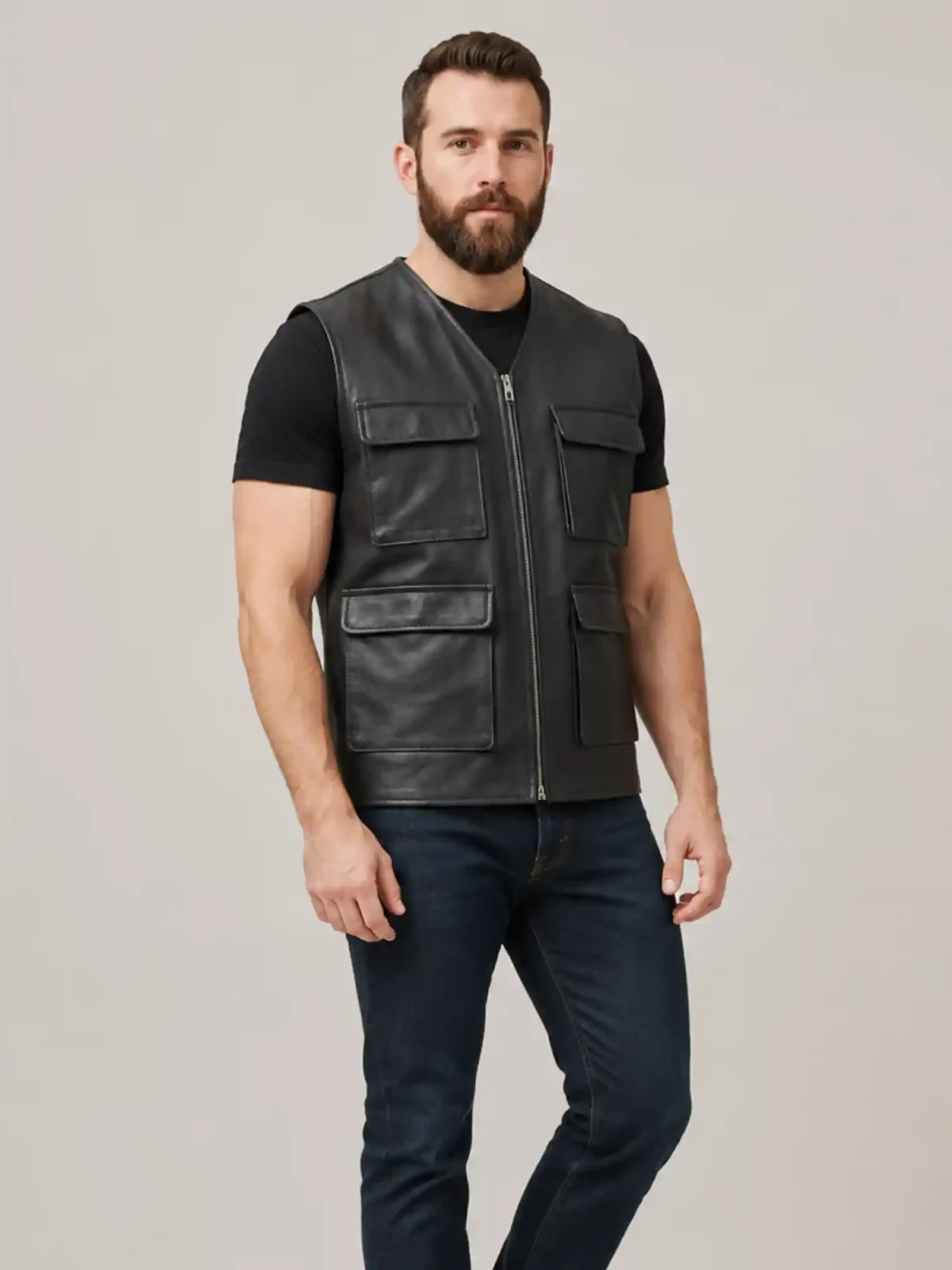Men's Black Military Leather Vest