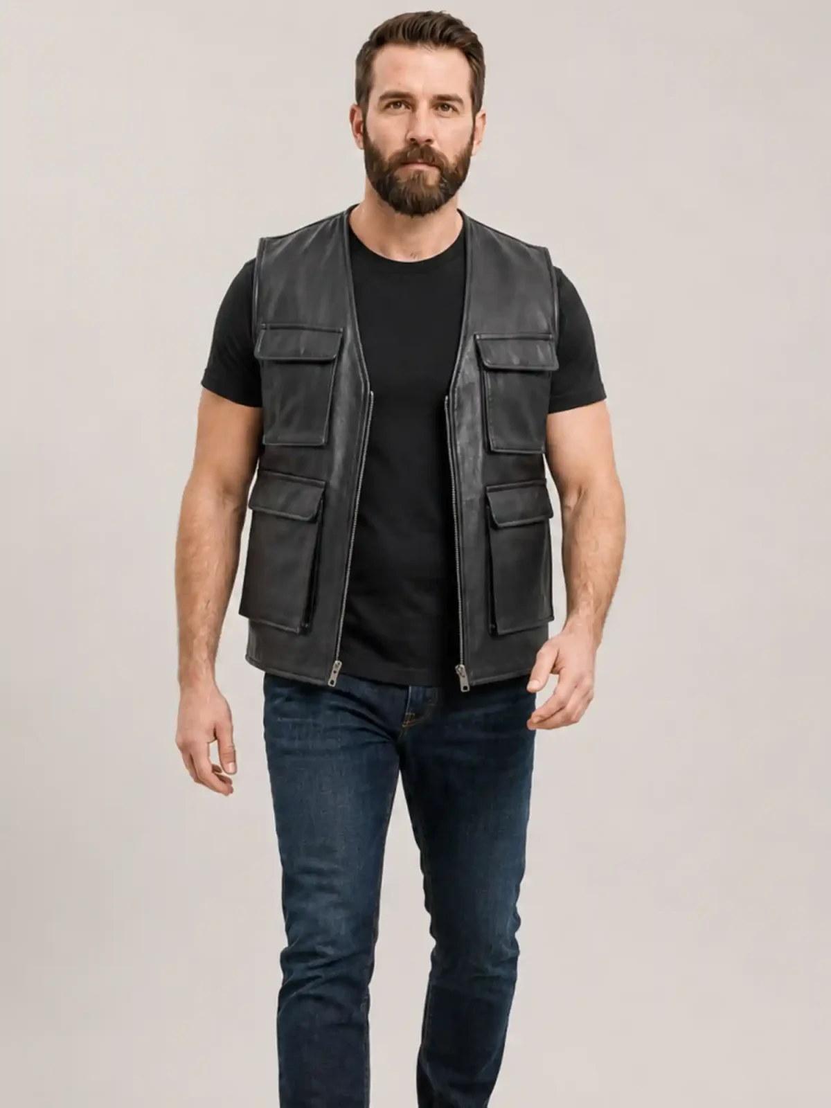 Men's Black Military Leather Vest