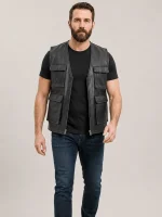 Men's Black Military Leather Vest