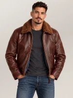 Men's Vintage Fur Collar Bomber Cowhide Leather Jacket