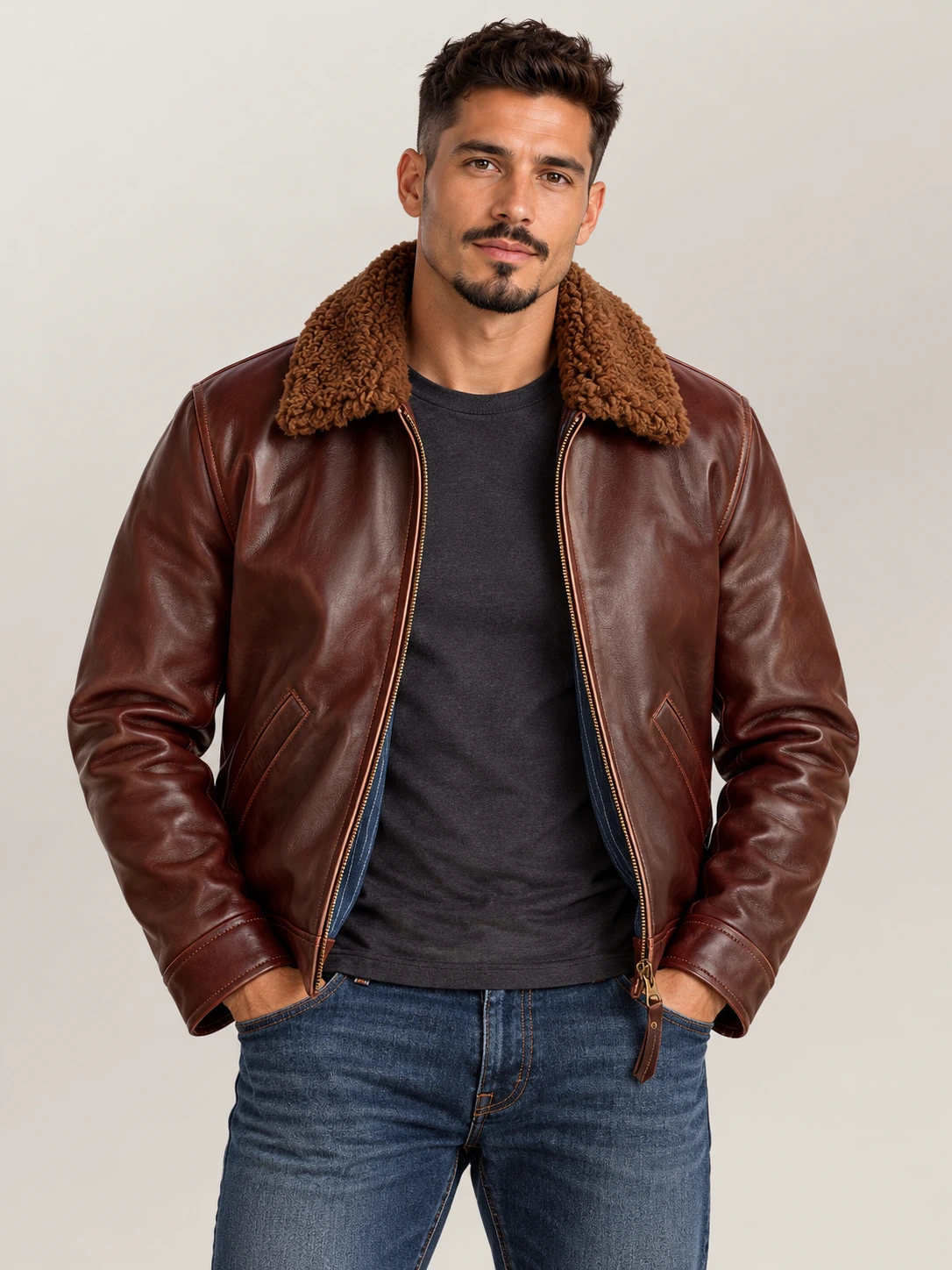 Men's Vintage Fur Collar Bomber Cowhide Leather Jacket