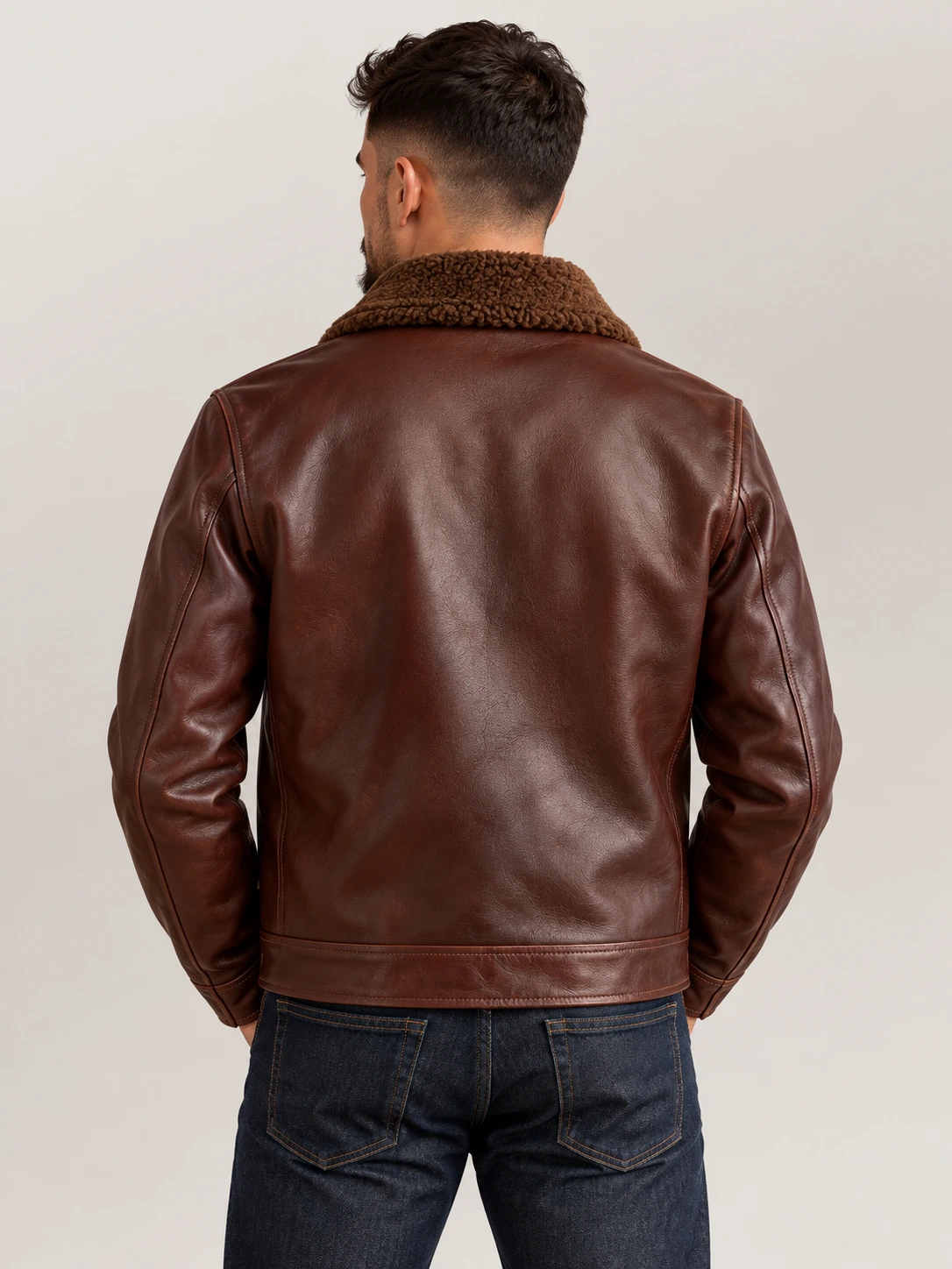 Men's Vintage Fur Collar Bomber Cowhide Leather Jacket