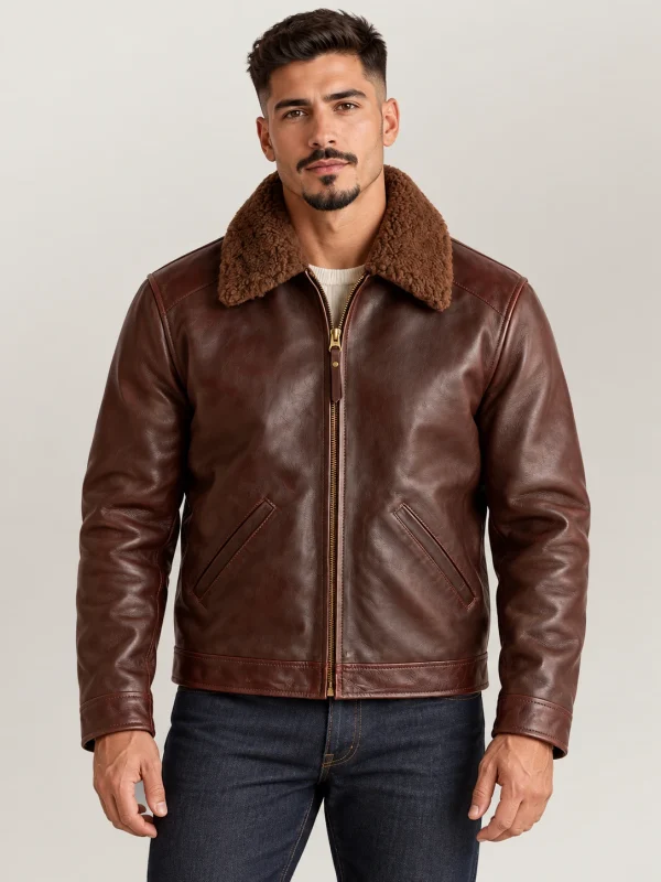 Men's Vintage Fur Collar Bomber Cowhide Leather Jacket