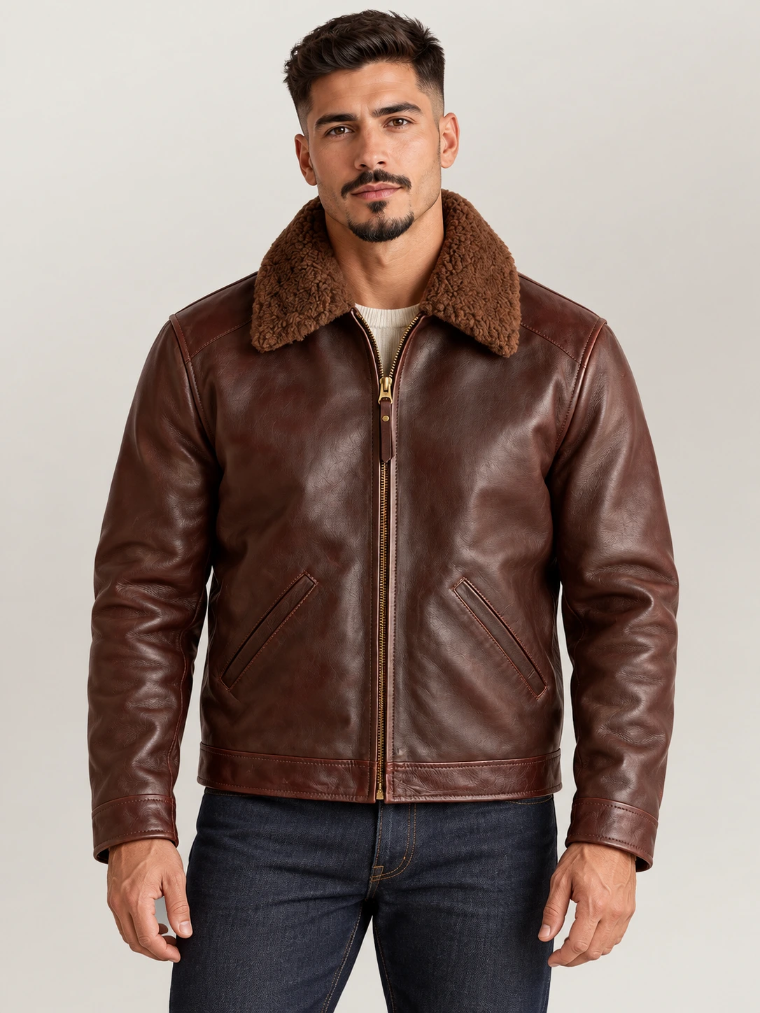 Men's Vintage Fur Collar Bomber Cowhide Leather Jacket
