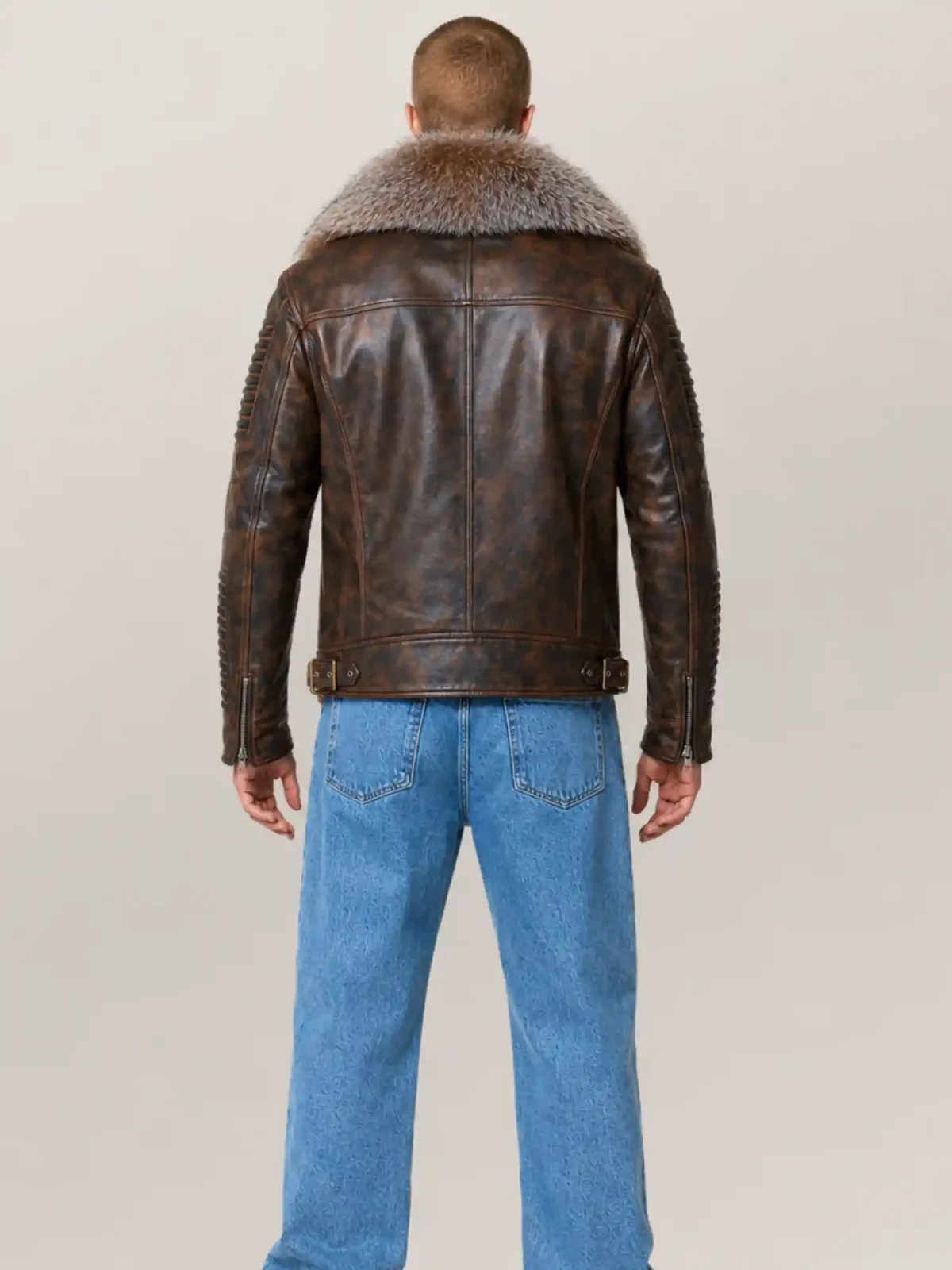 Men's Wax Brown Biker Ribbles Leather Jacket