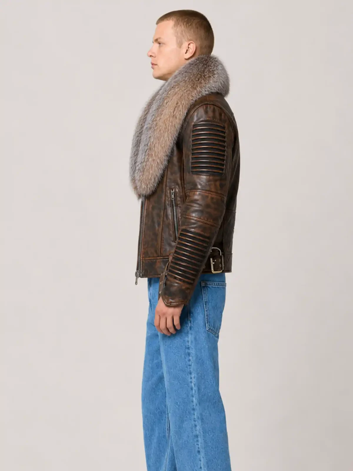 Men's Wax Brown Biker Ribbles Leather Jacket