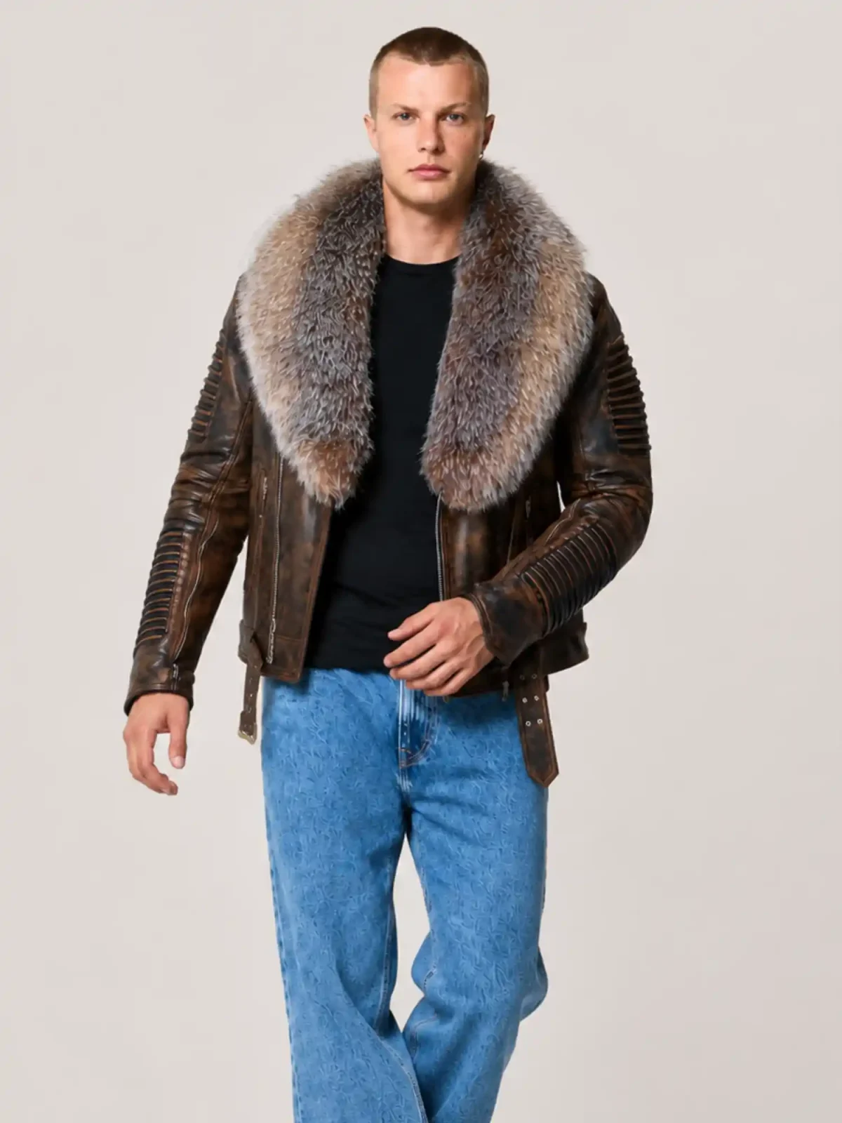 Men's Wax Brown Biker Ribbles Leather Jacket