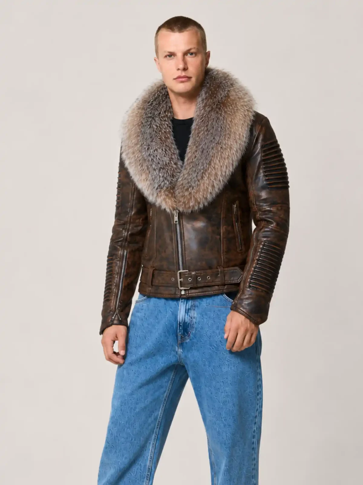 Men's Wax Brown Biker Ribbles Leather Jacket