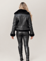 Women's Black Shearling Double Collar Leather Biker Jacket