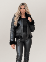 Women's Black Shearling Double Collar Leather Biker Jacket