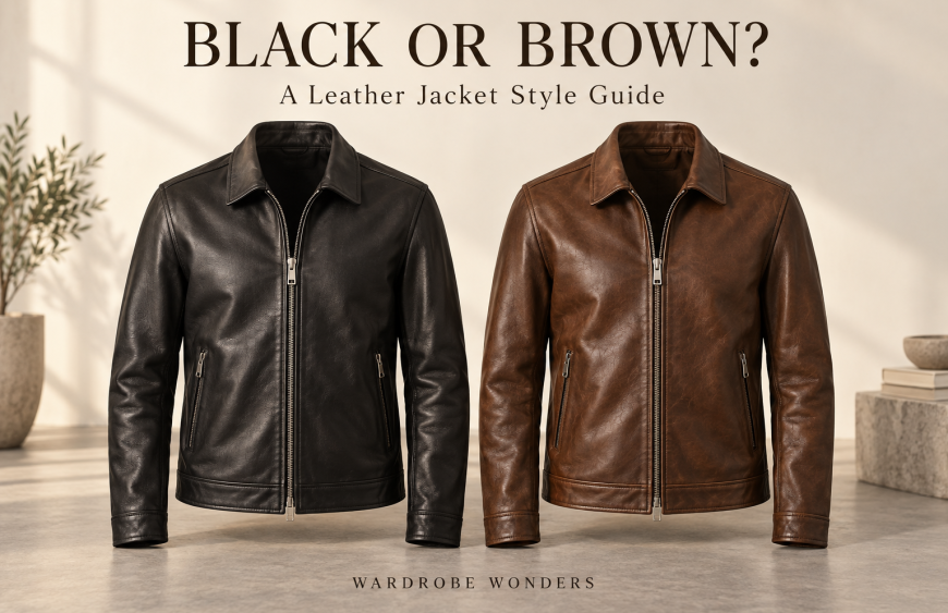 Black vs brown leather jacket comparison with two zip-front jackets beneath a leather jacket style guide title.