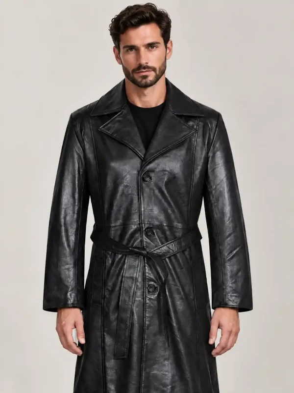 Men's Blade Halloween Black Belted Leather Coat