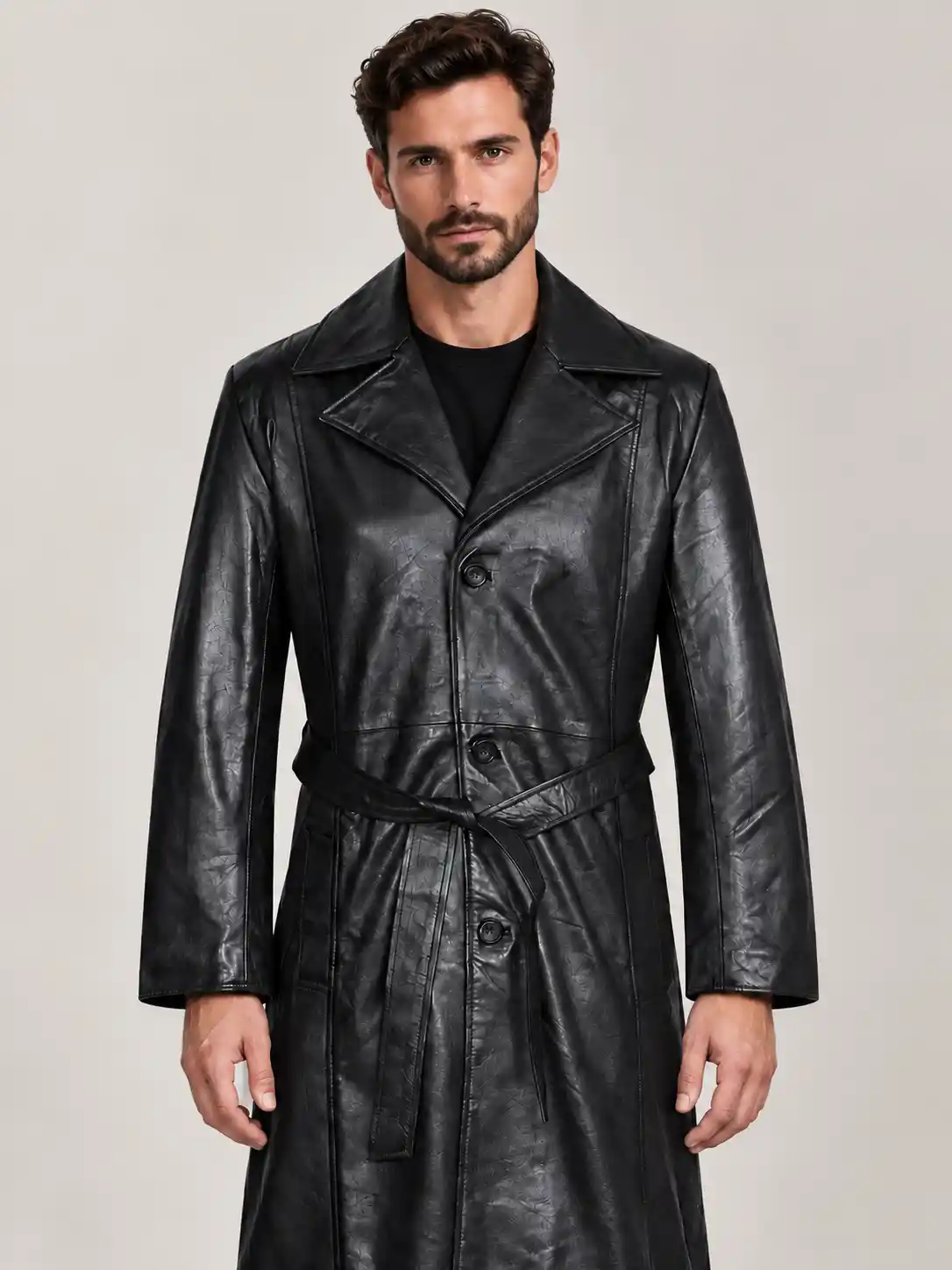 Men's Blade Halloween Black Belted Leather Coat