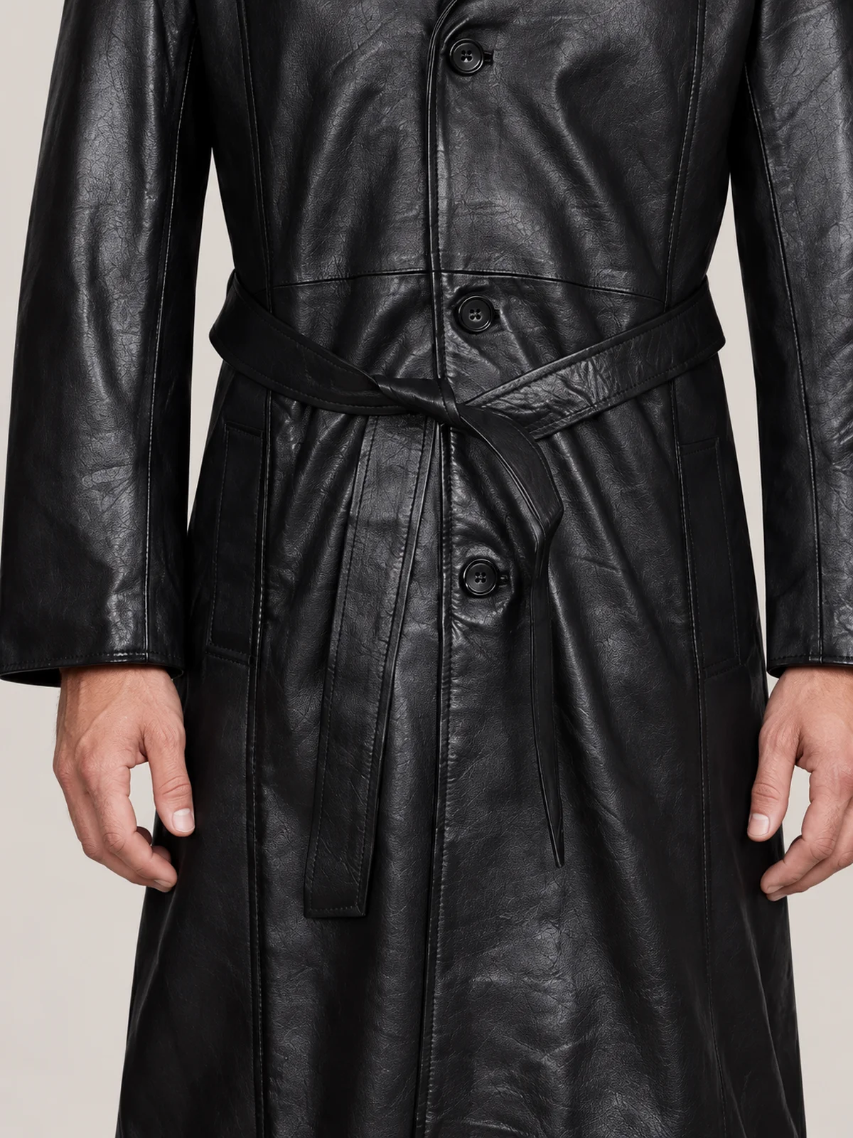Men's Blade Halloween Black Belted Leather Coat