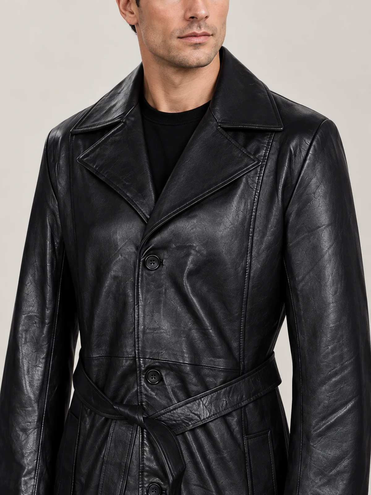 Men's Blade Halloween Black Belted Leather Coat