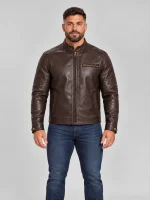 Men's Brown Stand UP Collar Genuine Leather Jacket