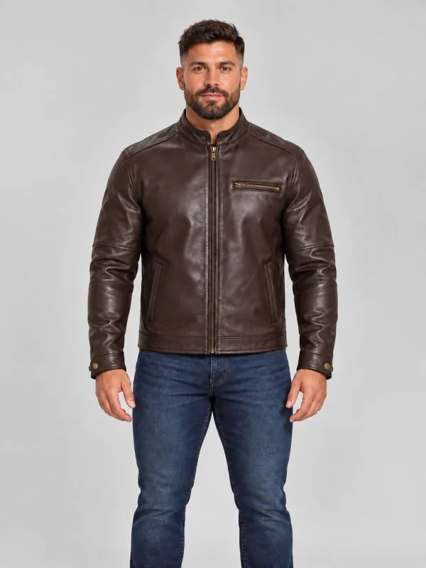 Men's Brown Stand UP Collar Genuine Leather Jacket