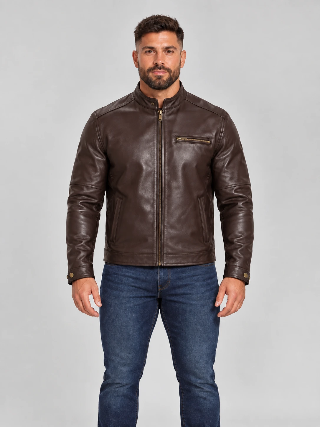 Men's Brown Stand UP Collar Genuine Leather Jacket