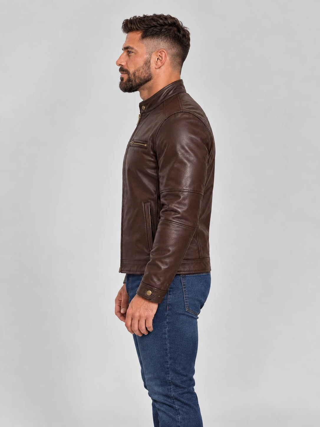Men's Brown Stand UP Collar Genuine Leather Jacket