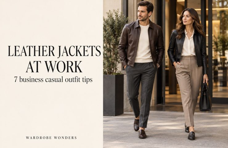 Business casual leather jacket outfits: a man in brown leather and a woman in black leather with tailored trousers outside an office.