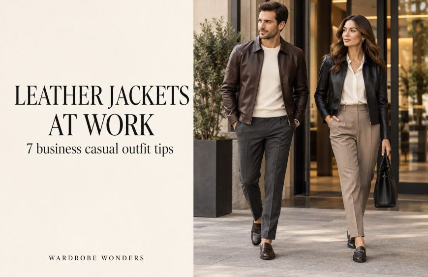 Business casual leather jacket outfits: a man in brown leather and a woman in black leather with tailored trousers outside an office.
