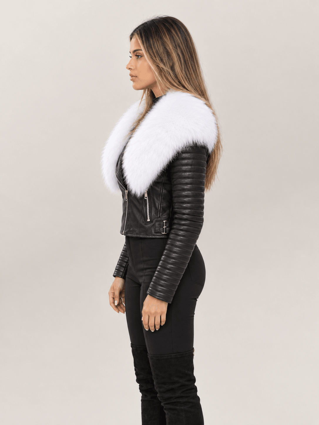 Women's Black Leather Biker Jacket With Fur Collar