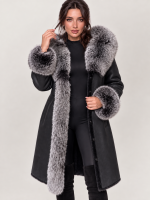 Women's Black Shearling Long Leather Coat With Hood