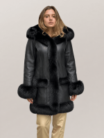 Women's Black Shearling Long Length Leather Coat