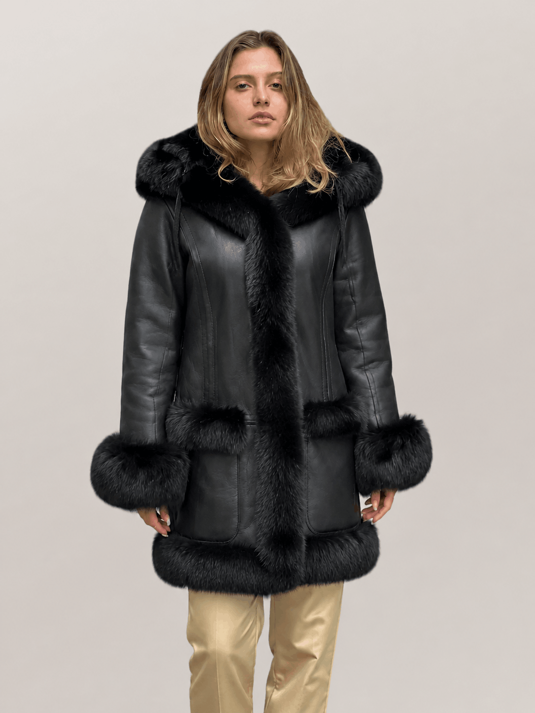 Women's Black Shearling Long Length Leather Coat